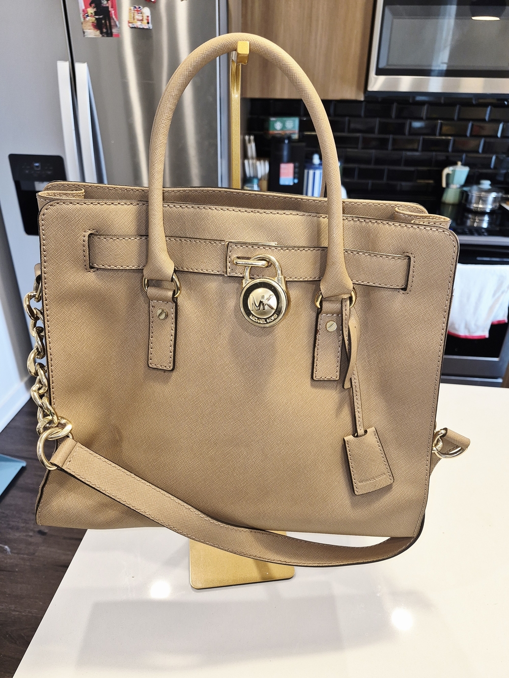 Michael Kors Tan Saffiano Leather Satchel with Gold Hardware